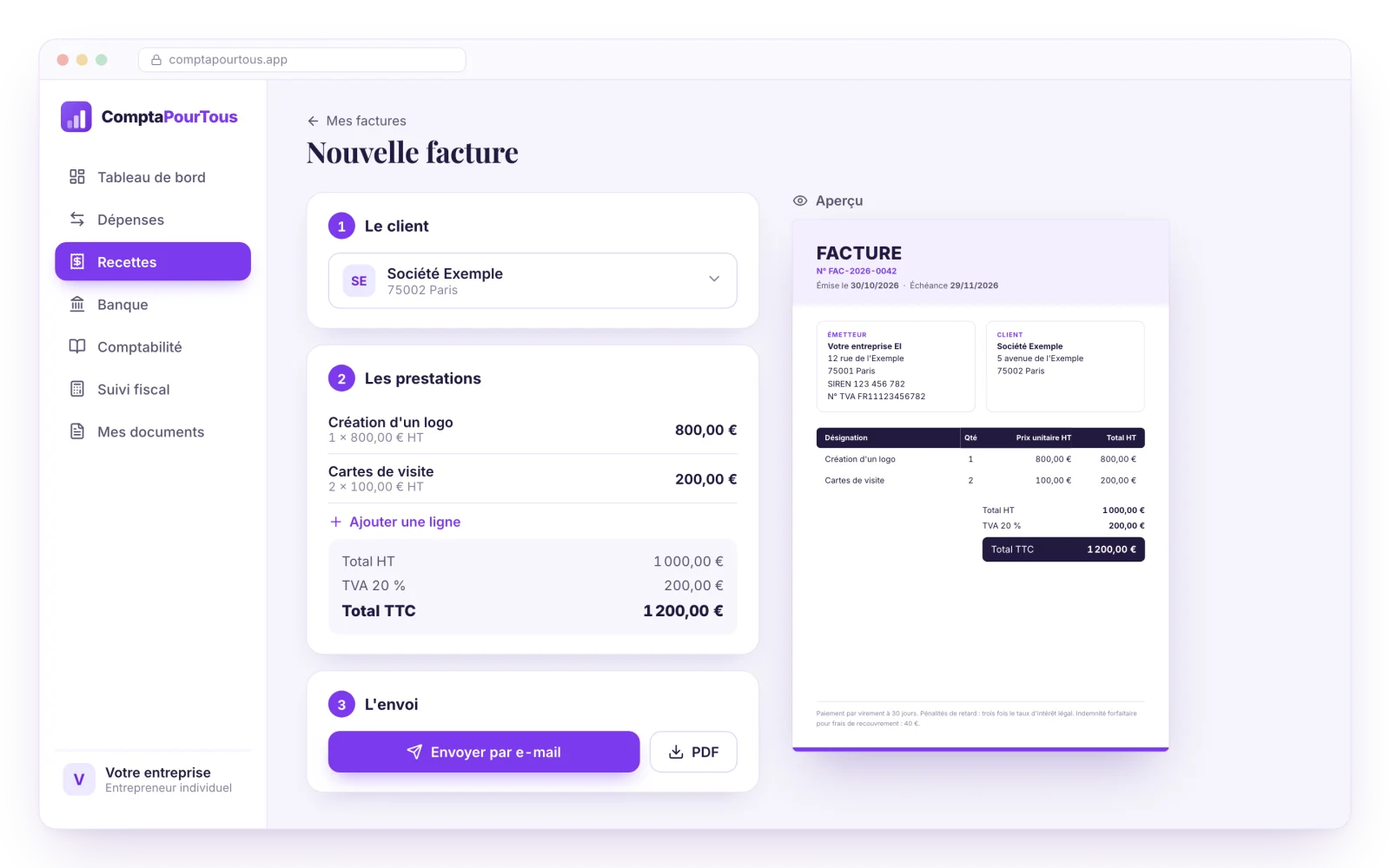 Une nouvelle facture en trois modules : le client, les prestations avec le total, l'envoi par e-mail ; l'aperçu de la facture à côté